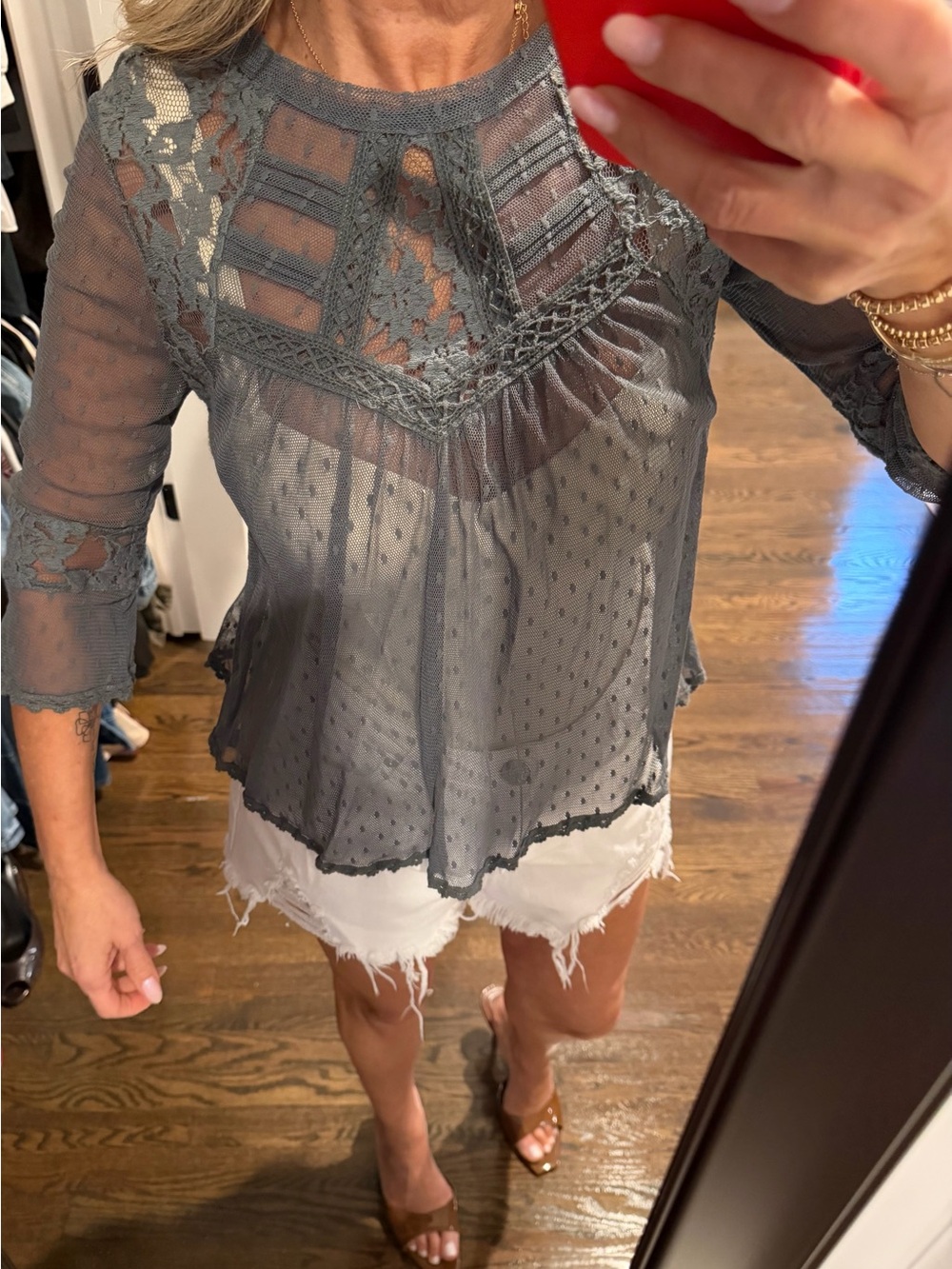FREE PEOPLE Sheer Lace-Panel Grayish green Peasant Blouse